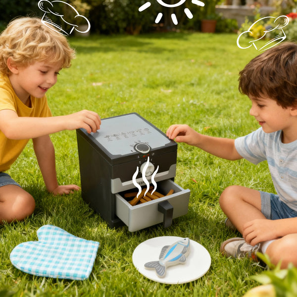 Joyano 15-PCs Wooden Air Fryer Playset for Kids Pretend Cooking Toy with Food Accessories Utensils Montessori Kitchen Role Play Toddlers Kids Ages 3+ (Air Fryer)